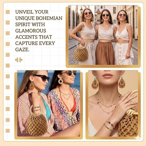 5 PCS Mini Straw Clutch Purse with Rattan Earrings Necklace Bracelet, Boho Woven Bucket Handbag for Women Beach Bag for Vacation Travel in Kuwait