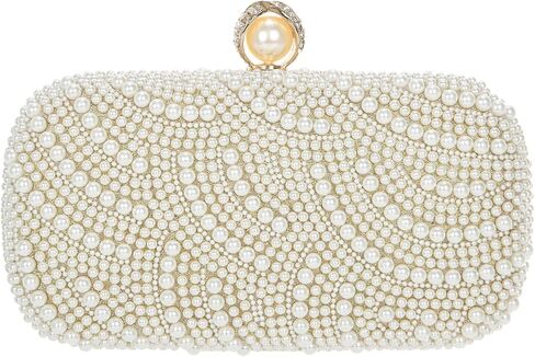 Fecialy Women Pearl Clutches Noble Crystal Beaded Evening Handbag Chain Strap Shoulder Bag for Wedding Bridal Party Prom in Kuwait