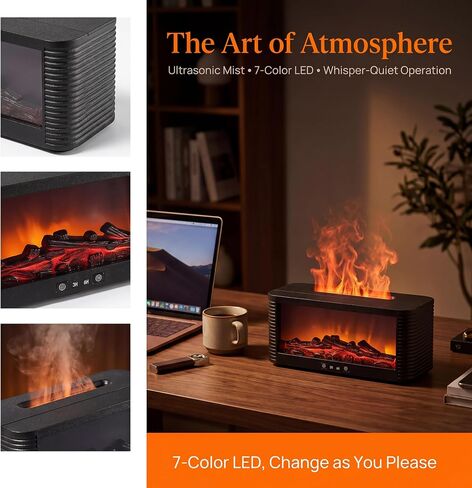 250ML Fireplace Flame Aroma Diffuser, Simulated Fire Effect Essential Oil Diffuser Humidifier with 9 Colors Changing LED Lights, 3H/6H Auto Shut-Off Timer, for Home Bedroom Office, Black in Saudi Arabia