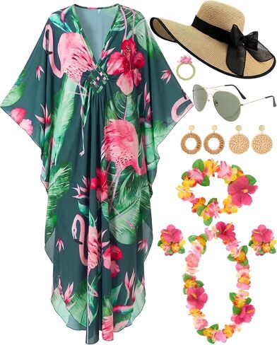 Mepase 12 Pcs Hawaiian Outfits for Women Luau Party Kaftan & Moomoo Dresses Cover up with Straw Hat, Sunglasses & Leis Set in Saudi Arabia
