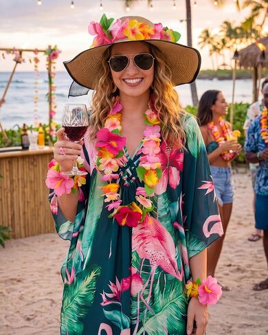 Mepase 12 Pcs Hawaiian Outfits for Women Luau Party Kaftan & Moomoo Dresses Cover up with Straw Hat, Sunglasses & Leis Set in Saudi Arabia