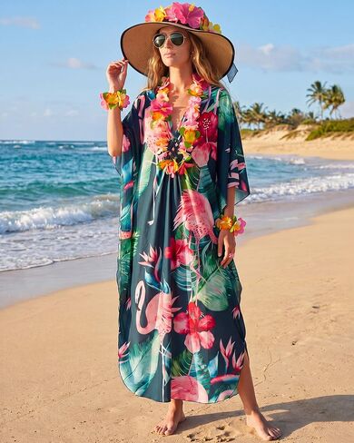 Mepase 12 Pcs Hawaiian Outfits for Women Luau Party Kaftan & Moomoo Dresses Cover up with Straw Hat, Sunglasses & Leis Set in Saudi Arabia