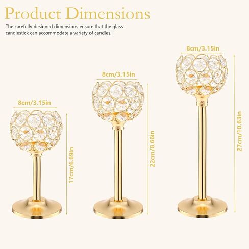 Gold Crystal Tealight Candle Holder Set of 3, Elegant Gold Candles Table Centerpieces, Tall Bling Bowl Candelabra Decor for Wedding, Dining Table, Fireplace Mantel & Party Decoration in Kuwait