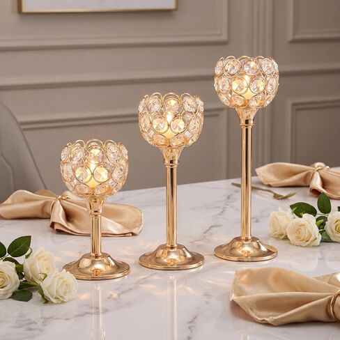 Gold Crystal Tealight Candle Holder Set of 3, Elegant Gold Candles Table Centerpieces, Tall Bling Bowl Candelabra Decor for Wedding, Dining Table, Fireplace Mantel & Party Decoration in Kuwait