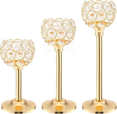 Gold Crystal Tealight Candle Holder Set of 3, Elegant Gold Candles Table Centerpieces, Tall Bling Bowl Candelabra Decor for Wedding, Dining Table, Fireplace Mantel & Party Decoration in Kuwait
