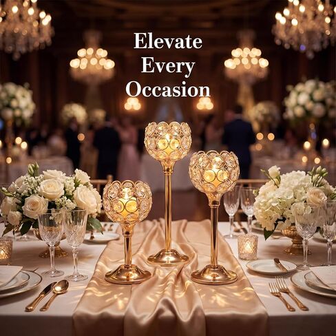 Gold Crystal Tealight Candle Holder Set of 3, Elegant Gold Candles Table Centerpieces, Tall Bling Bowl Candelabra Decor for Wedding, Dining Table, Fireplace Mantel & Party Decoration in Kuwait