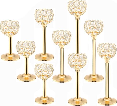 Gold Crystal Tealight Candle Holder Set of 3, Elegant Gold Candles Table Centerpieces, Tall Bling Bowl Candelabra Decor for Wedding, Dining Table, Fireplace Mantel & Party Decoration in Kuwait