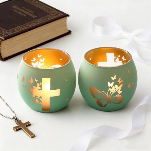 Religious Gifts for Women& Men, Set of 2 Butterfly Cross Tealight Candle Holders for Table Decor, Christian Baptism, Confirmation, Memorial, Easter Gift in Saudi Arabia