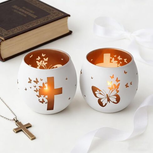 Religious Gifts for Women& Men, Set of 2 Butterfly Cross Tealight Candle Holders for Table Decor, Christian Baptism, Confirmation, Memorial, Easter Gift in Saudi Arabia