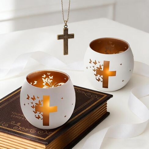 Religious Gifts for Women& Men, Set of 2 Butterfly Cross Tealight Candle Holders for Table Decor, Christian Baptism, Confirmation, Memorial, Easter Gift in Saudi Arabia