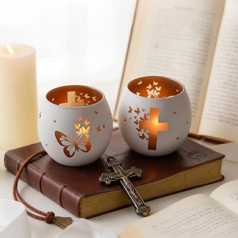 Religious Gifts for Women& Men, Set of 2 Butterfly Cross Tealight Candle Holders for Table Decor, Christian Baptism, Confirmation, Memorial, Easter Gift in Saudi Arabia
