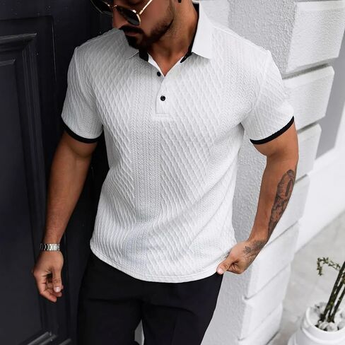 Summer New Texture Polo Shirt Men's Polo Shirt Simple Contrasting Color Pullover Button Knitted Fabric Short-Sleeved Top in Kuwait