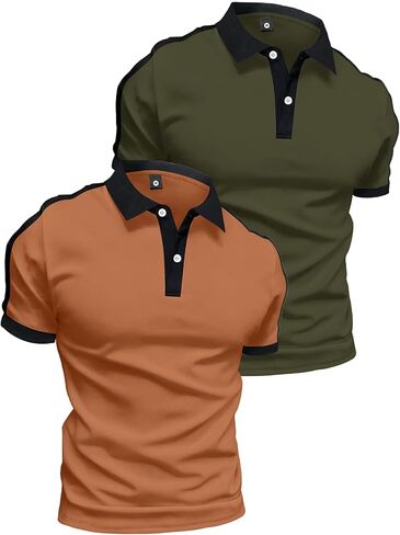 2 Pack Men's Summer Color-Blocked Short-sleesleeved Polo Shirt Fashionable Casual Vacation Beach Sports Athletic Running Tops in Kuwait