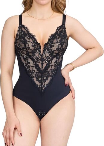 Lace Shapewear Bodysuit for Women Tummy Control Thong Body Shaper Deep V Neck Built-in Bra Corset in Kuwait