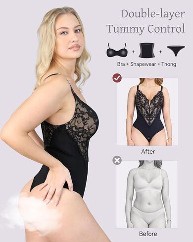 Lace Shapewear Bodysuit for Women Tummy Control Thong Body Shaper Deep V Neck Built-in Bra Corset in Kuwait
