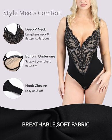 Lace Shapewear Bodysuit for Women Tummy Control Thong Body Shaper Deep V Neck Built-in Bra Corset in Kuwait