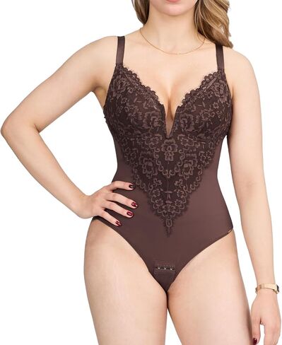Lace Shapewear Bodysuit for Women Tummy Control Thong Body Shaper Deep V Neck Built-in Bra Corset in Kuwait