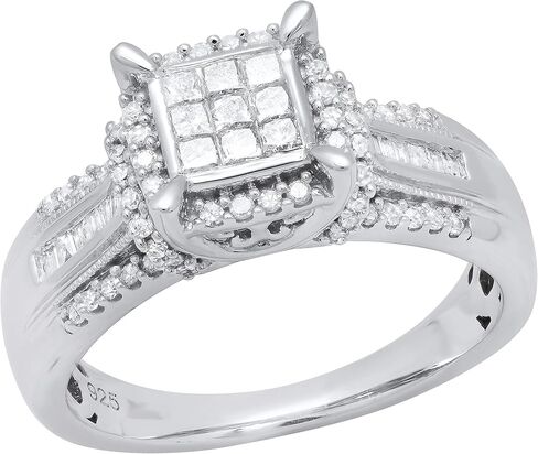 Dazzlingrock Collection 0.50 Ctw Natural Princess, Round & Baguette White Diamond Ladies Engagement Ring, 925 Sterling Silver in Kuwait