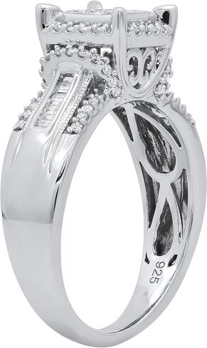 Dazzlingrock Collection 0.50 Ctw Natural Princess, Round & Baguette White Diamond Ladies Engagement Ring, 925 Sterling Silver in Kuwait