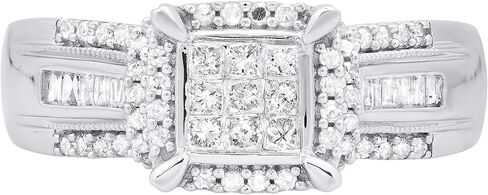 Dazzlingrock Collection 0.50 Ctw Natural Princess, Round & Baguette White Diamond Ladies Engagement Ring, 925 Sterling Silver in Kuwait