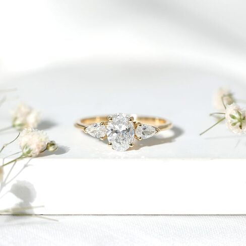 خاتم خطوبة من 3 أحجار من الألماس المعتمد من Lab Grown Diamond، جودة Ef-Vs، خاتم ألماس بيضاوي وكمثرى للنساء (مثالي للهدايا) in Kuwait