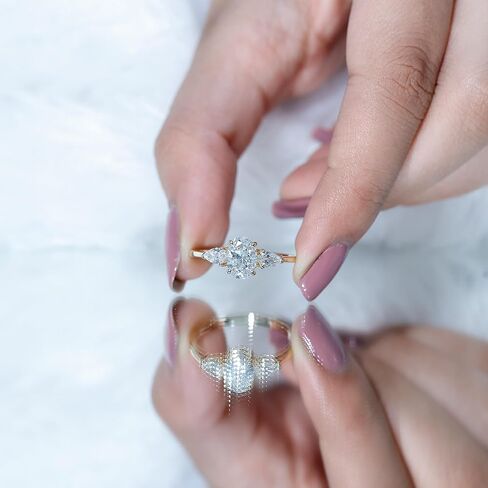 خاتم خطوبة من 3 أحجار من الألماس المعتمد من Lab Grown Diamond، جودة Ef-Vs، خاتم ألماس بيضاوي وكمثرى للنساء (مثالي للهدايا) in Kuwait