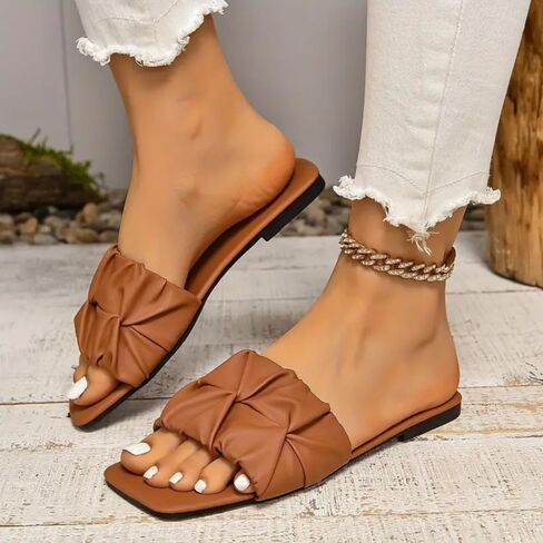 Women's Square Toe Flat Sandals - Fashion Summer Slide Sandals, Casual Beach Slippers in Kuwait