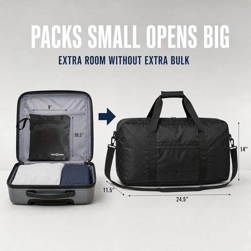 65L Foldable Duffle Bag for Travel – Lightweight Packable Duffel Bag, Collapsible Weekender Overnight Travel or Gym Bag, Water-Resistant, Large Capacity (Black) - PackVerge in Kuwait