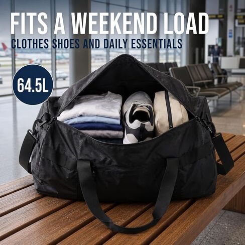65L Foldable Duffle Bag for Travel – Lightweight Packable Duffel Bag, Collapsible Weekender Overnight Travel or Gym Bag, Water-Resistant, Large Capacity (Black) - PackVerge in Kuwait