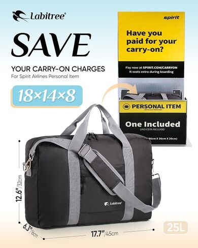 For Frontier Airlines Personal Item Travel Bag 18 x 14 x 8 Inches, Foldable Under Seat Duffel Bags for Spirit Airplane 14 x 18 x 8 Inches, Minimalist Overnight Bag for Women or Men Air Travel [Black] in Saudi Arabia