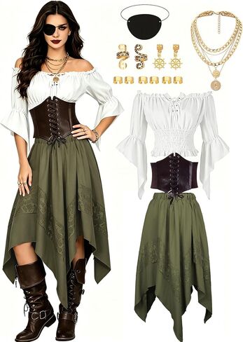 Pirate Costume Women Renaissance Medieval Outfit Skirt Top Pirate Accessories Halloween Cosplay Party Outfit in Saudi Arabia