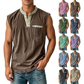 Mens Workout Tank Tops Vintage Washed Cotton Sleeveless Henley Shirts Summer Casual Button V Neck Shirts with Pocket in Kuwait
