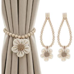 Magnetic Curtain Tiebacks with Wood Bead,2Pcs Boho Beige Flower Curtain Tie | Magnetic Closure Decorative Drapery Holders for Farmhouse,Bedroom,Living Room in Saudi Arabia