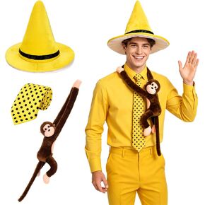 Man in the Yellow Hat Costume, Yellow Pointy Hat Polka Dot Tie Stuffed Monkey for Men Women Adult Halloween Cosplay in Kuwait