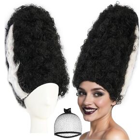 Hair Cap+Monster Bride Wig for Women Black White Beehive Wig Fluffy Curly Hair Black White Gothic Outfit Monster Bride Cosplay Costume Synthetic Beehive Outfit for Theme Party Halloween Cosplay in Saudi Arabia