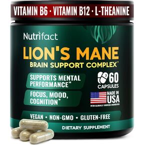 كبسولات المكملات الغذائية Lions Mane - 1000 ملغ لكل وجبة، مركب دعم الدماغ الكامل مع L Theanine، أوراق الجنكة، فيتامين B6، B12 - نباتي، غير معدّل وراثيًا ومصنوع في الولايات المتحدة الأمريكية Lions Mane Mushroom - 60 كبسولة in Kuwait