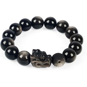Natural Obsidian Bracelet For Men 10MM | Adjustable Stone Beaded Bracelet | Handmade Obsidian Stretch Elastic Bracelet for Men Women Gifts | with Pixiu Sculpture | Black and Silver 7.5" in Kuwait