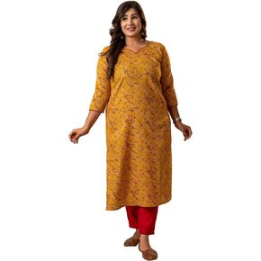 Women’s Pure Cotton Yellow Leaf Print Straight Kurti – Ethnic Round Neck Tunic Top for Casual & Daily Wear in Saudi Arabia