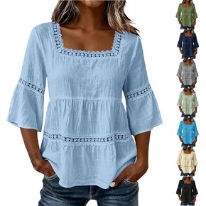 Linen Shirts for Women Cotton 3/4 Sleeve Lace Trim Peplum Tops Square Neck Trendy Casual Flowy Tunic Blouse in Saudi Arabia