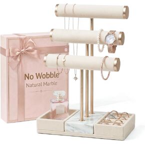 KES Natural Marble Bracelet Holder with Weighted Marble Base, 3 Tier Extra Stable Jewelry Holder Stand for Necklaces, Watches & Bracelet Display, T Bar Jewelry Organizer, Beige, JTR501-WH in Saudi Arabia