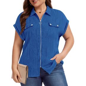 Zamowoty Womens Plus Size Tops Summer Short Sleeve Zip Front V Neck Collar Shirts Dressy Causal Work Office Loose Blouses in Saudi Arabia