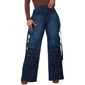 Women's Wide Leg Jeans High Waisted Cargo Pocket Baggy Stretchy Casual Denim Pants in Saudi Arabia
