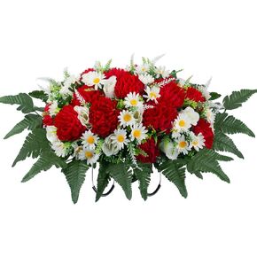 LOYWREE 30" Artificial Cemetery Flowers Headstone Saddle, UV Resistant Silk Red Mums & White Roses Grave Saddle, Realistic Outdoor Grave Flowers for Memorial Day Decorations in Saudi Arabia