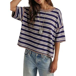 Womens Oversized Striped T-Shirt Cotton Boxy Crop Top 90s Retro Drop Shoulder Ringer Tee Casual Skater Streetwear Tops in Saudi Arabia