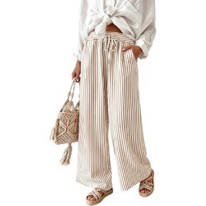 IWOLLENCE Women's Wide Leg Striped Pants High Waist Straight Lounge Gingham Work Pant Casual Loose Trousers with Pockets in Saudi Arabia