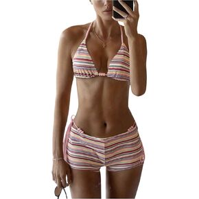 SHENHE Women's 3 Piece Swimsuits Striped Beaded Triangle String Bikini Set with Shorts Cover Up in Saudi Arabia