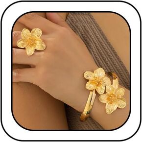 Gold Hibiscus Flowers Open Rings Bracelet for Women Dainty Statement Textured Floral Ring Cuff Bangle Jewelry Set Gift Charm Party Costume Accessories in Saudi Arabia