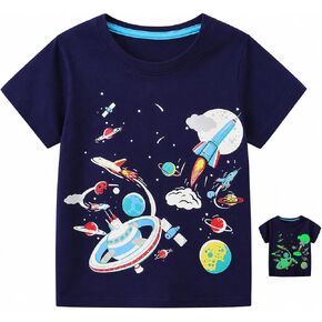 Toddler Boys T-Shirt Short Sleeve Shirt Truck Dinosaur Shark Space Rocket Print Cotton Tops Glow-in-The-Dark Shirts in Saudi Arabia