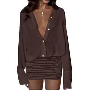SHENHE Women's Sexy Sheer Button Up Shirt Dress Ruched Bodycon Long Sleeve Mini Dress in Saudi Arabia