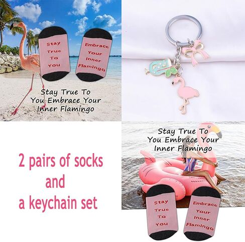 PXTIDY Flamingo Socks Keychain Set Stay True To You Embrace Your Inner Flamingo Sayings Socks Animal Flamingoes Lover Gifts in Kuwait